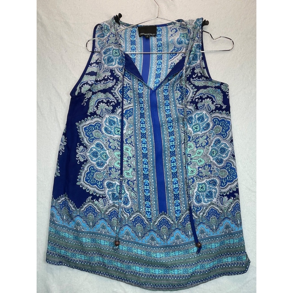 Cynthia Rowley Blue Teal‎ Paisley S Pullover Tunic Art Sleeveless Boho Gypsy Tie